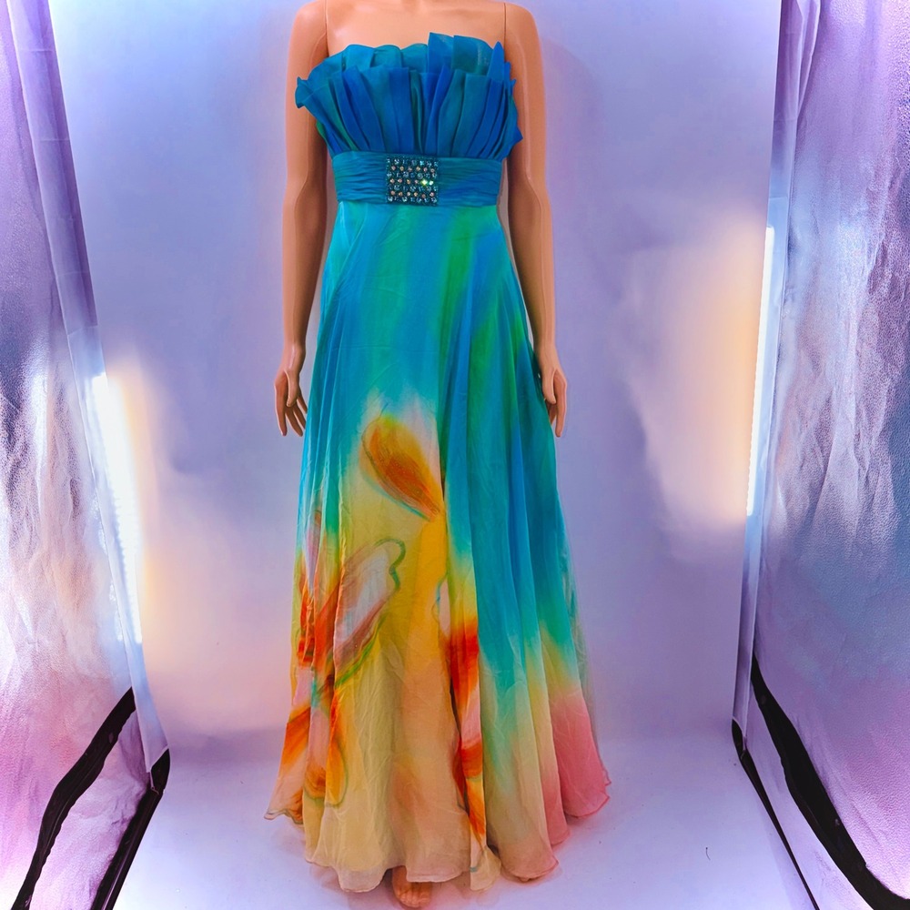 Sherri Hill 4 Watercolor 100% Silk Chiffon Mermaid Siren Y2K Glam Sunset